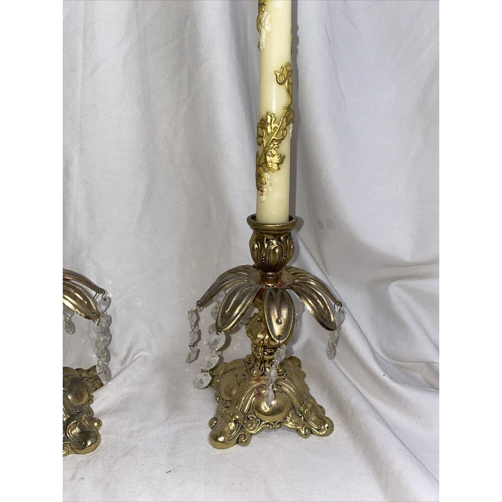 Vintage Hollywood Regency Style Ornate Gold Cast Metal Candlestick Holders Pair - Picture 6 of 11